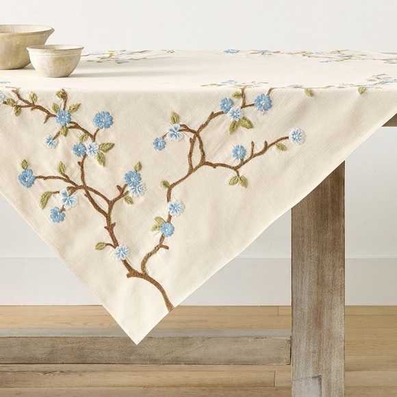 Pottery Barn Cherry Blossom Embroidered Cotton Table Throw